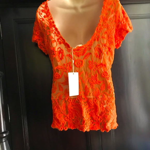 New Candella Orange Top sheer lace Tangerine, Sexy, club, party, cute, bright - Picture 2 of 12
